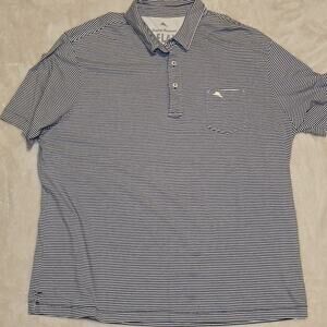 Tommy Bahama Relax Men’s Polo XL Blue White Stripe Cotton Marlin Logo Pocket